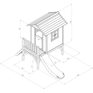 Draufsicht-Illustration: Sunny Spielhaus Lodge XL mit Rutsche und Maßen.