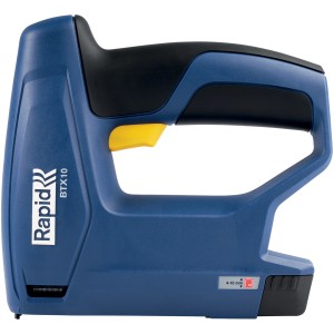 Rapid Akku-Tacker BTX10: Blauer Tacker mit gelbem Auslöser für Klammern von 4-10 mm.