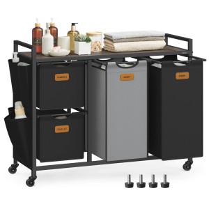 Songmics Wäschesammler Stevie mit 4 Fächern (150 l) in Schwarz-Grau. Wäschekorb mit Rollen und Ablage.