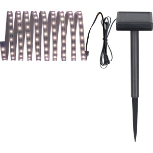 Transparentes Solar-Flexband mit 180 kaltweißen LEDs und Erdspieß für Garten & Balkon.