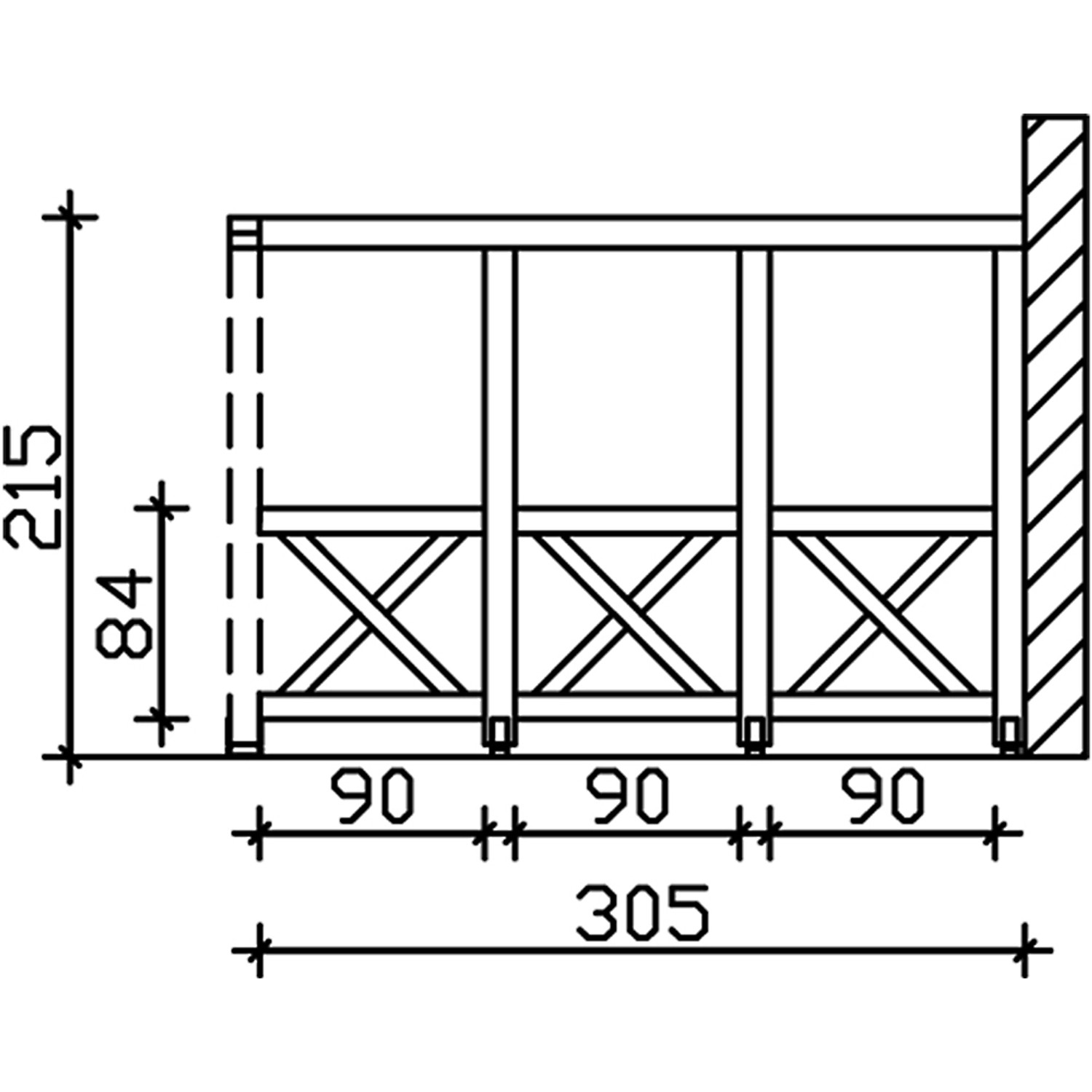 Technische Zeichnung: Skan Holz Seitenwand Andreaskreuz, 305x210 cm, Fichte Weiß, Zubehör Terrassenüberdachung.