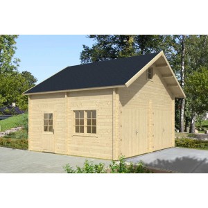 Doppelgarage Bora-70 ISO aus naturbelassenem Holz mit zwei Garagentoren und Satteldach.