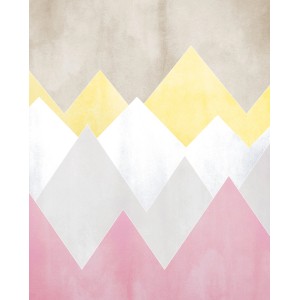 Komar Wandbild Sunrise Mountain Spring, 40x50 cm, mit stilisierten Bergen in Gelb, Weiß, Rosa und Beige.