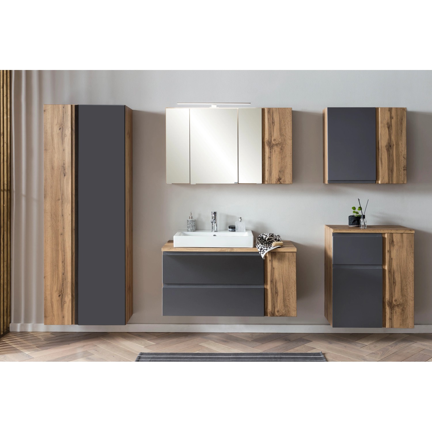 Held Möbel Badmöbel-Set Ancona mit Seitenschrank in Grau und Wotaneiche Optik.