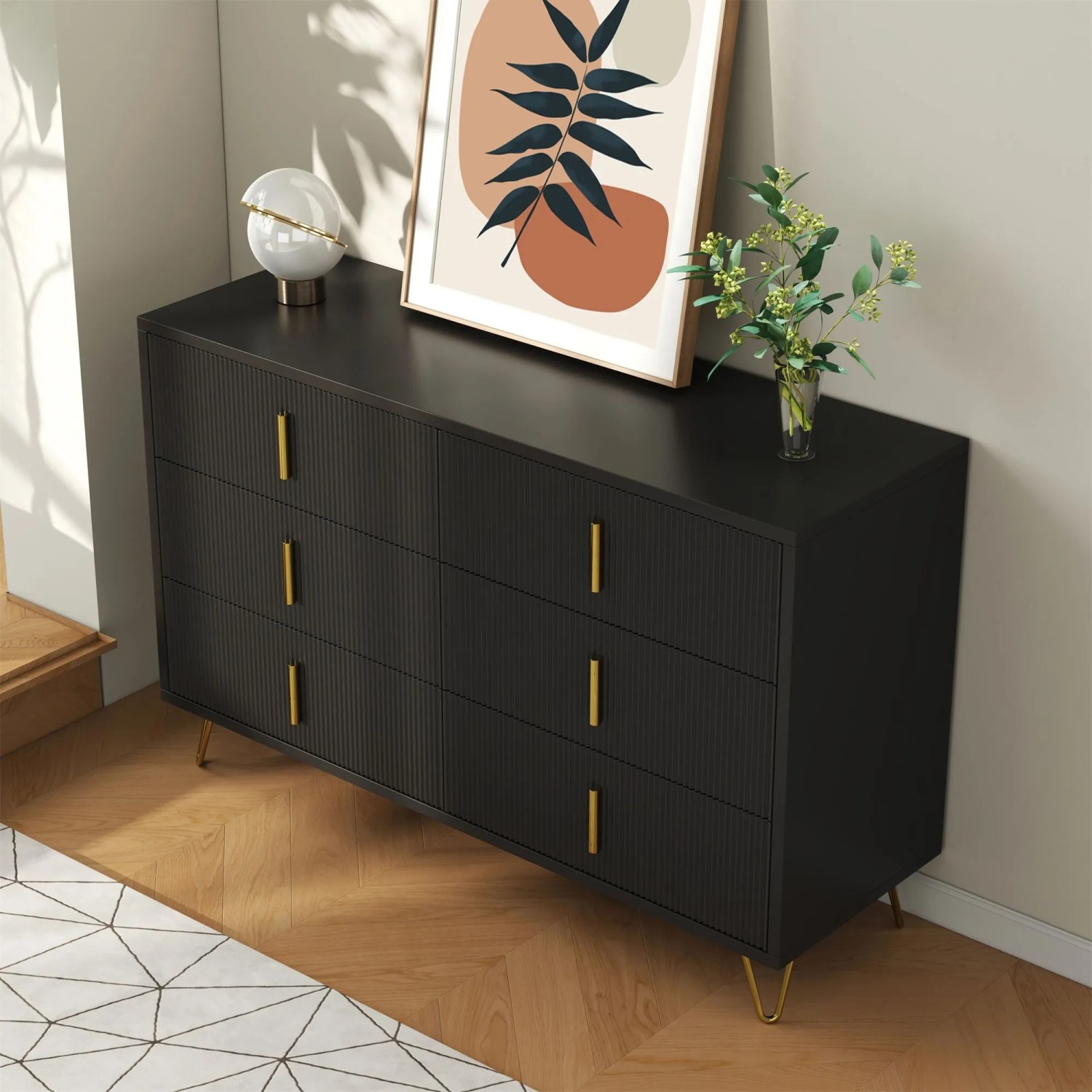 okwish Sideboard mit Goldgriffen Stauraum Wohnzimmer 120x40x77cm Schwarz_4