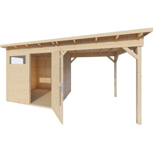 Bertilo Gartenhaus Pentus 2 Lounge aus Holz mit Anbau und offenstehender Doppeltür.