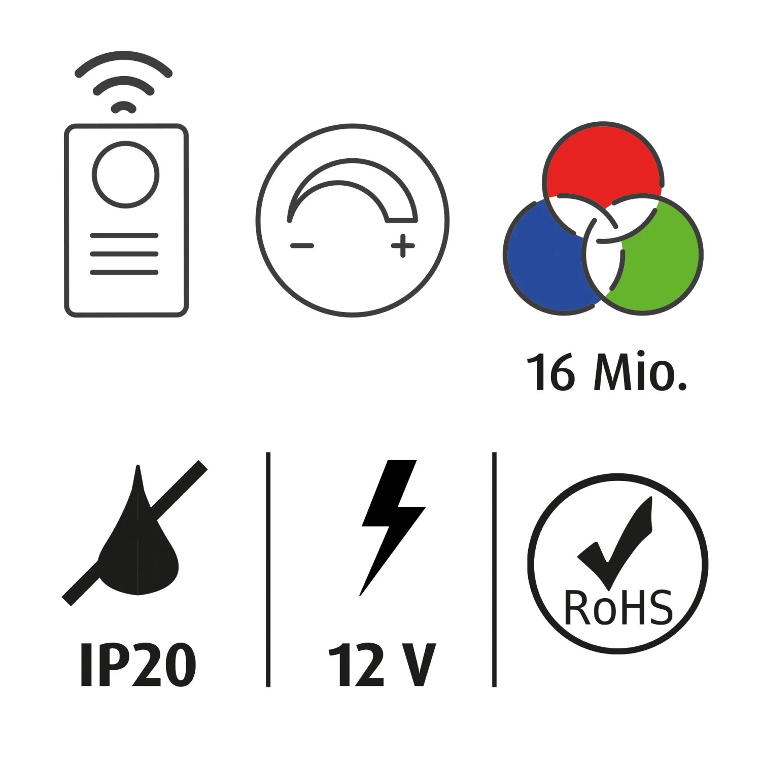 Icons für FN Acustico LED-Streifen: Steuerung, RGB-Farben, IP20, 12V, RoHS-konform.