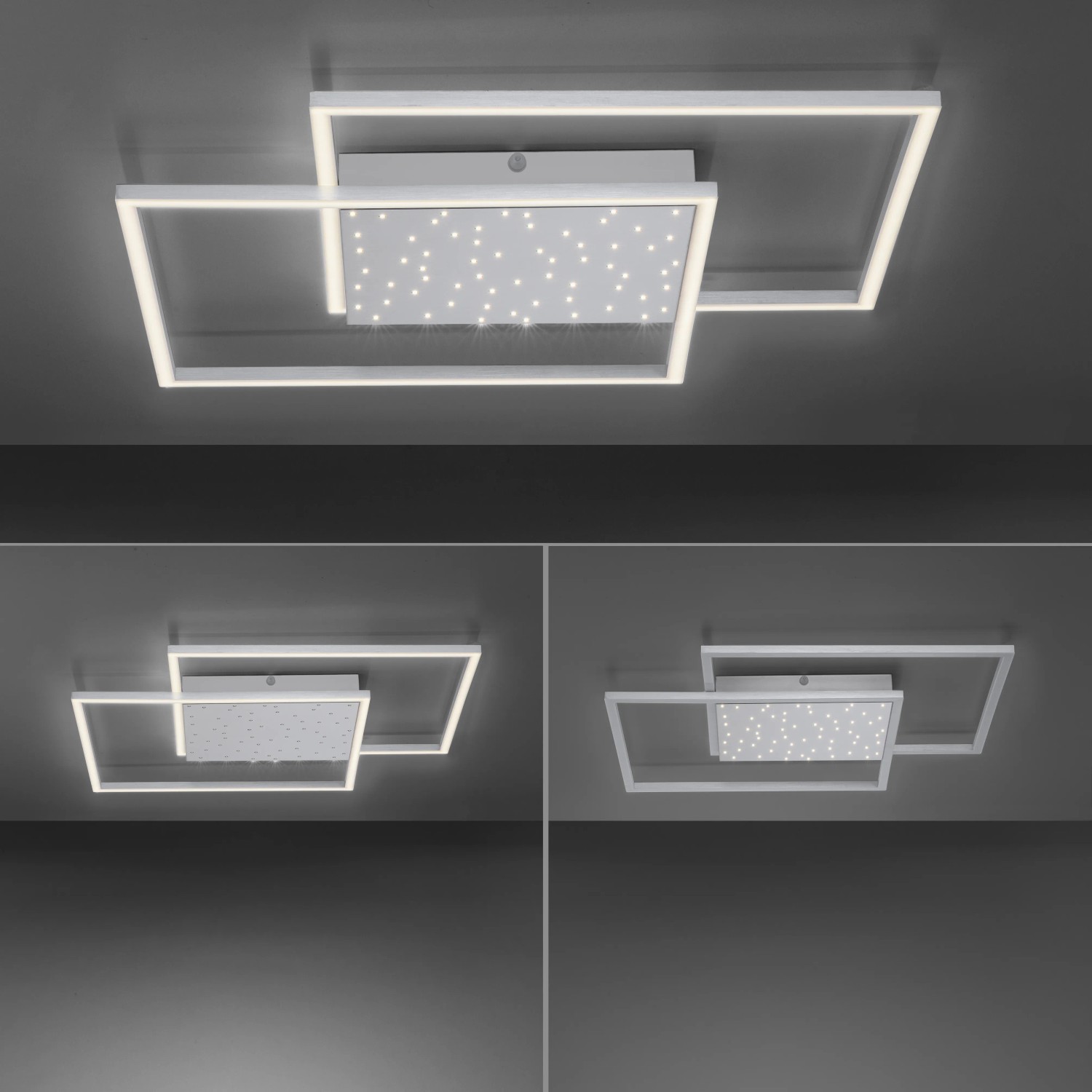 Moderne LED-Deckenleuchte Yuki in Stahlfarben mit Sternenhimmel-Effekt für Wohnräume.