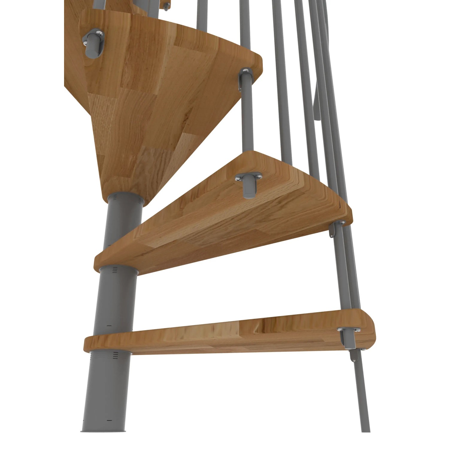 Detailaufnahme: Minka Spindeltreppe Spiral Smart, Eiche Grau, Innentreppe mit Holzstufen und grauem Metallgeländer.