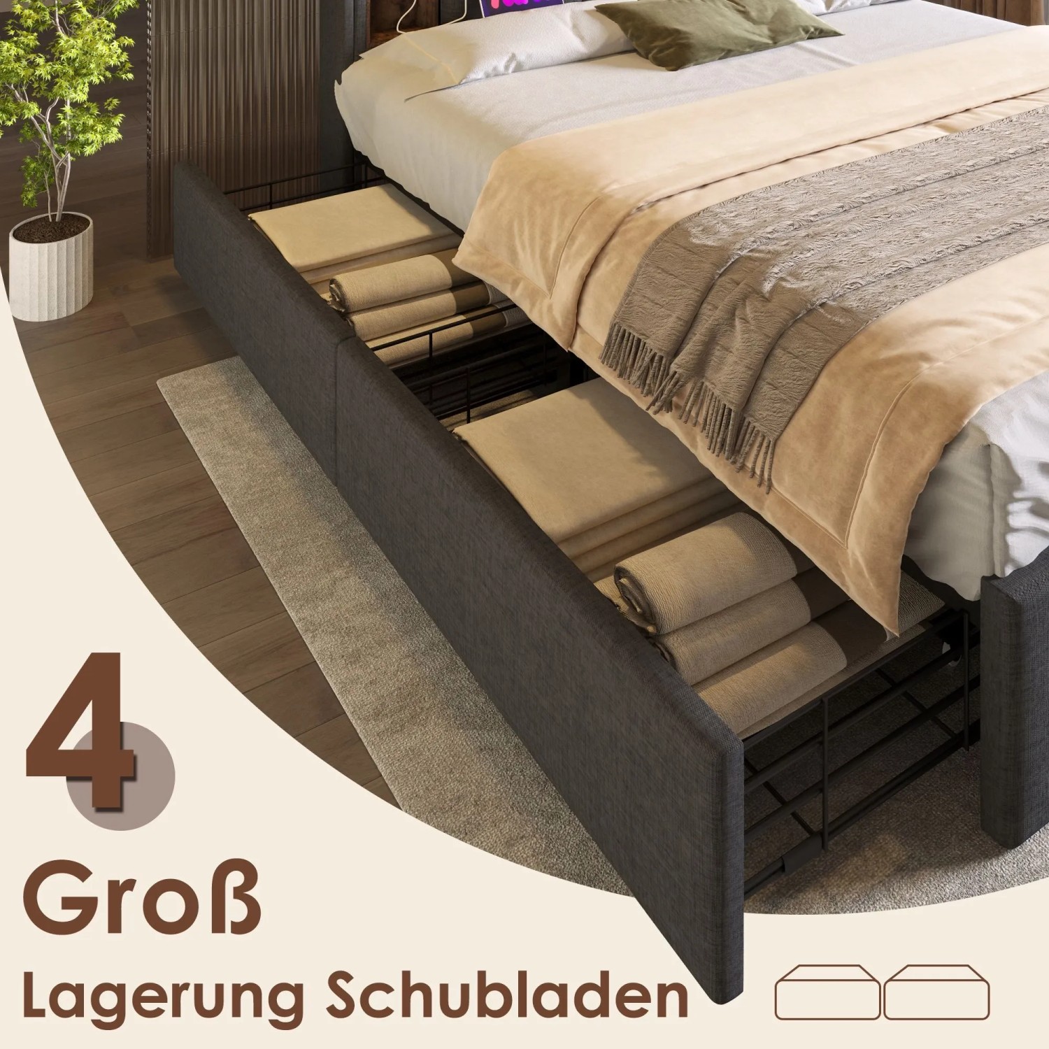 okwish Polsterbett 160x200cm mit USB C Schubladen Schlafzimmer Grau Leinen ohne Matratze_7