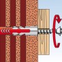 Illustration: Fischer Duopower Dübel 8x65 mit Schraube im Mauerwerk, Funktionsweise.