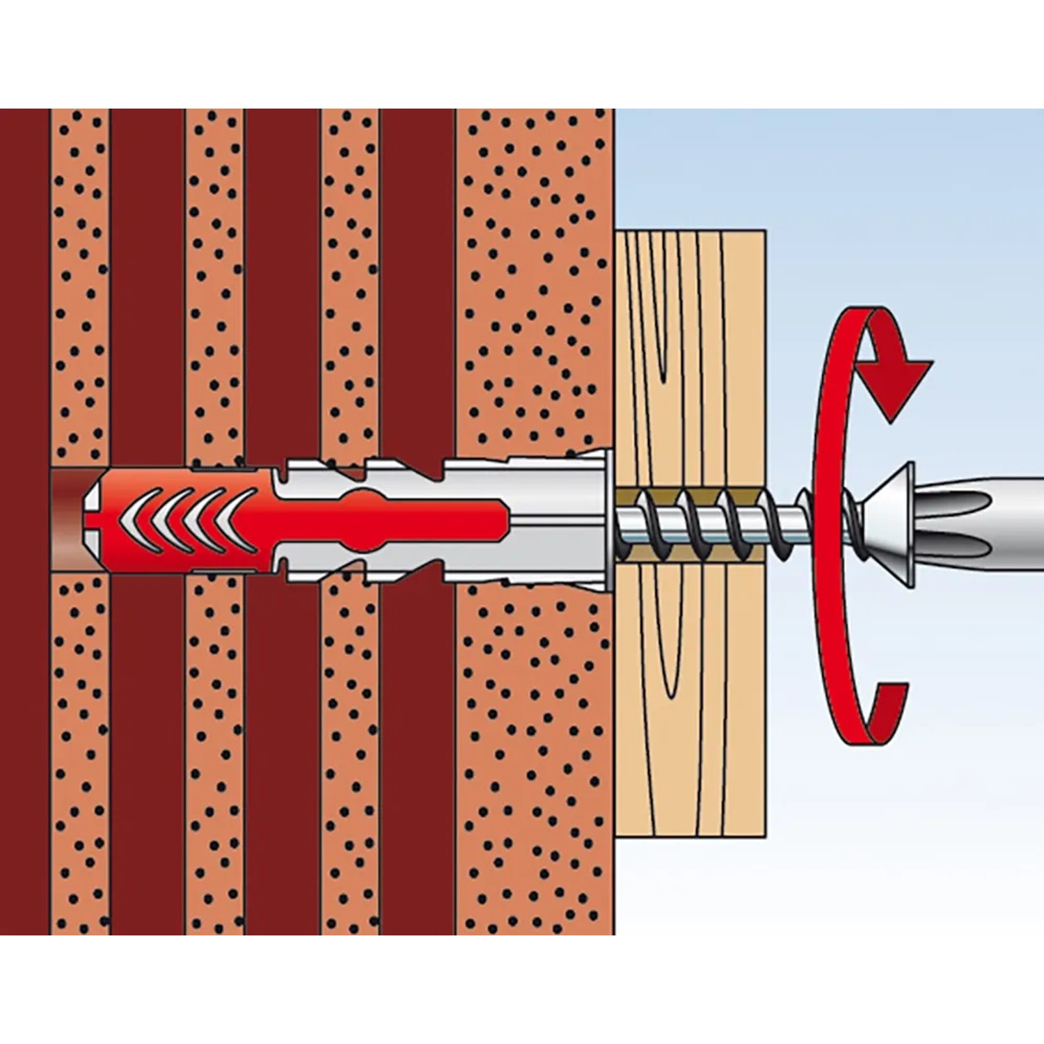 Illustration: Fischer Duopower Dübel 8x65 mit Schraube im Mauerwerk, Funktionsweise.