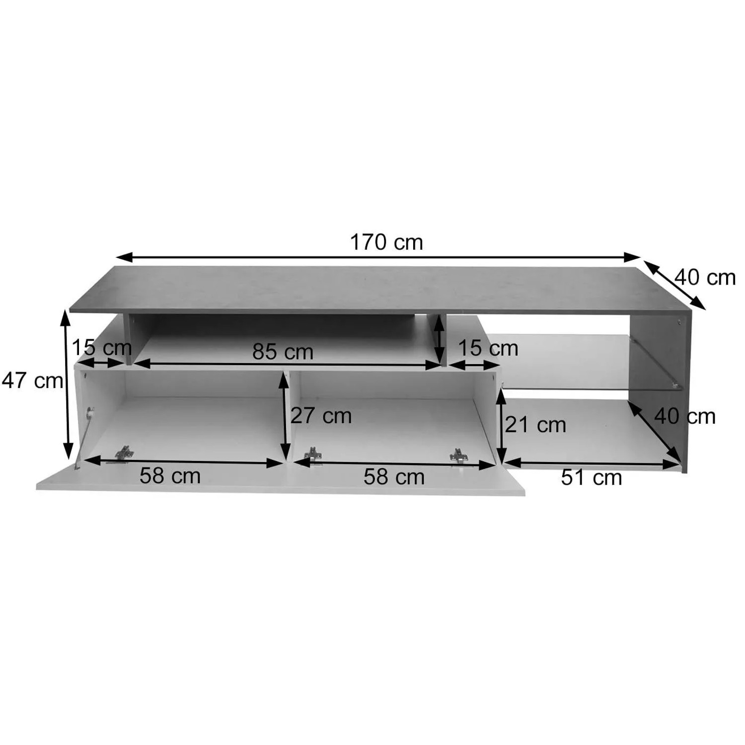 MCW TV-Rack L35 Holz, 170x47x40cm, Beton-Optik/Weiß. Zeigt Maße, offene Fächer & zwei Staufächer mit Türen.