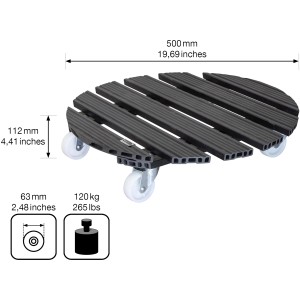 Anthrazitfarbener Wagner WPC Pflanzenroller Ø 50 cm mit Rollen und Maßangaben.