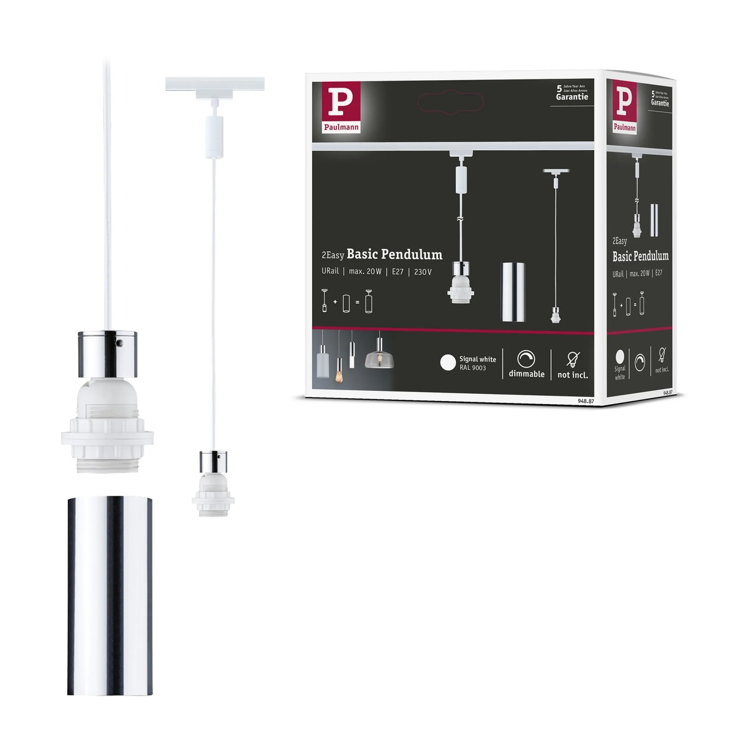 Paulmann 2Easy URail Pendelleuchte, signalweiß, mit Zubehör und Verpackung.