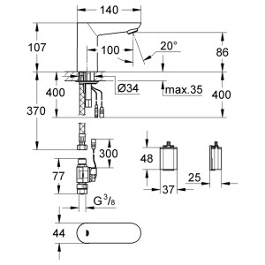 Technische Zeichnung: Grohe Euroeco CE Infrarot Kaltwasser Standventil, Maße und Details.