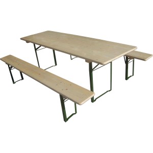 Klappbare Bierzeltgarnitur mit 70 cm breitem Holztisch und zwei Bänken mit grünem Gestell.