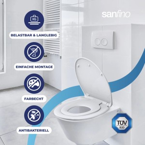 Sanfino WC-Sitz Child Ease: Weißer Duroplast Toilettensitz mit Absenkautomatik und integriertem Kindersitz.
