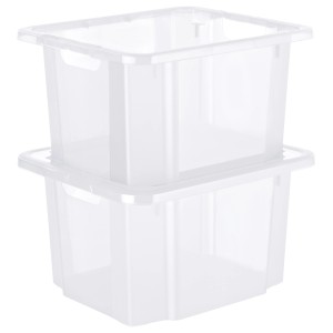 Zwei transparente Rotho Reverso Drehstapelboxen 26 l, übereinander gestapelt.