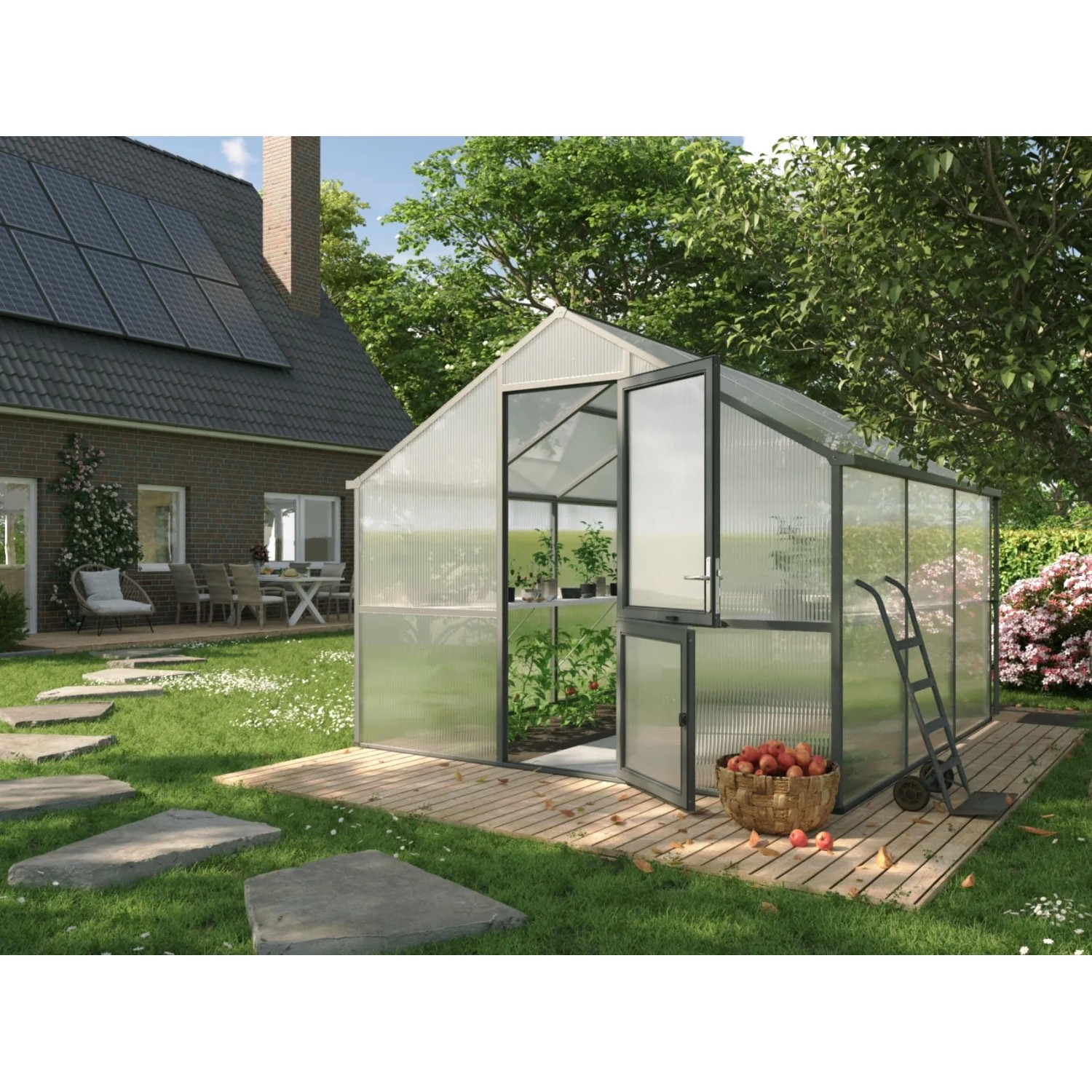 KGT Gewächshaus Nelke III in Anthrazit-Grau (2,97x3,23m) mit geöffneter Tür im Garten.