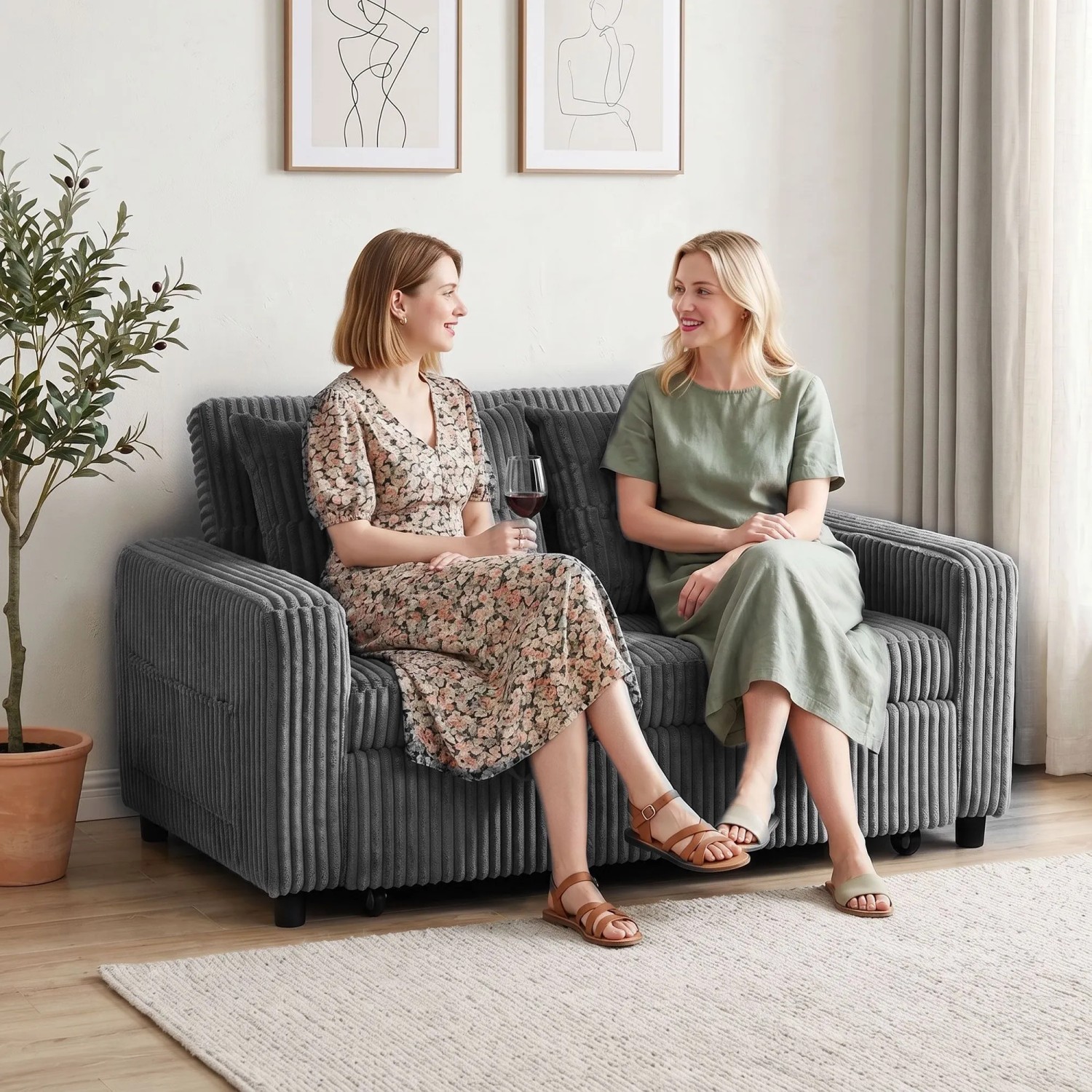 Dunkelgraues HOMCOM Schlafsofa aus Cordstoff mit zwei Personen im Wohnzimmer.