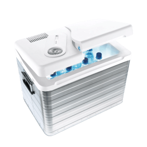 Mobicool Kühlbox MQ40A, 39 l, mit Aluminiumgehäuse und geöffnetem Deckel, gefüllt mit Getränkeflaschen.