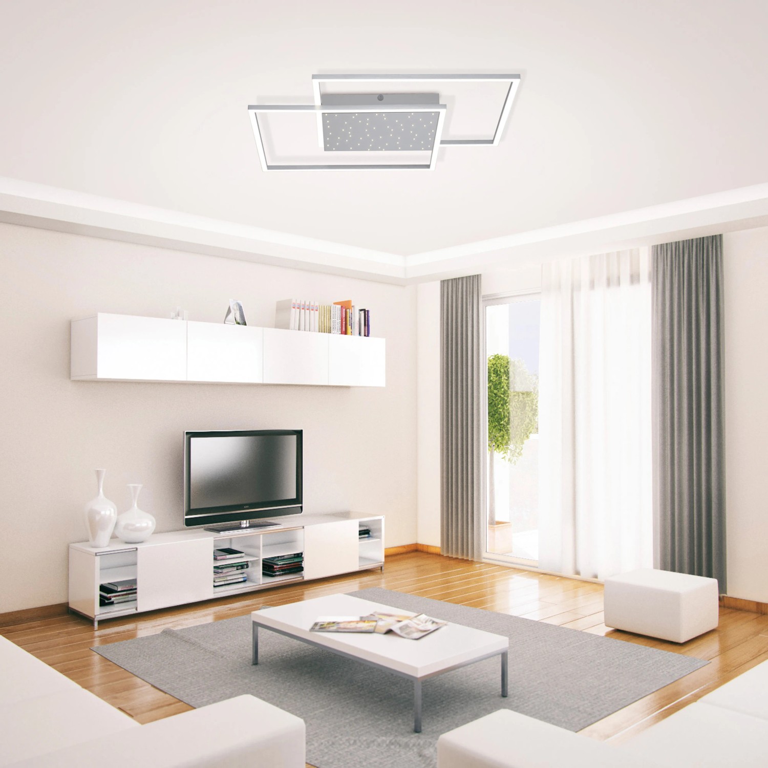 Moderne LED-Deckenleuchte Yuki in Stahlfarben mit Sternenhimmel-Effekt, 67x67 cm, für Wohnräume.
