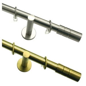 Gardinia Gardinenstangen-Set Zylinder, Edelstahl- und Messingoptik, mit Stange, Endknöpfen und Trägern.