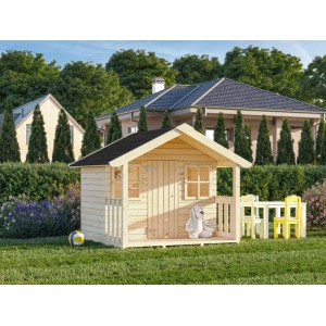 Palmako Spielhaus Felix, 1,9 m², weiß lackiert, mit Veranda und zwei Fenstern im Garten.