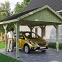 Satteldach-Carport Wallgau mit schwarzen Schindeln und gelbem Auto.