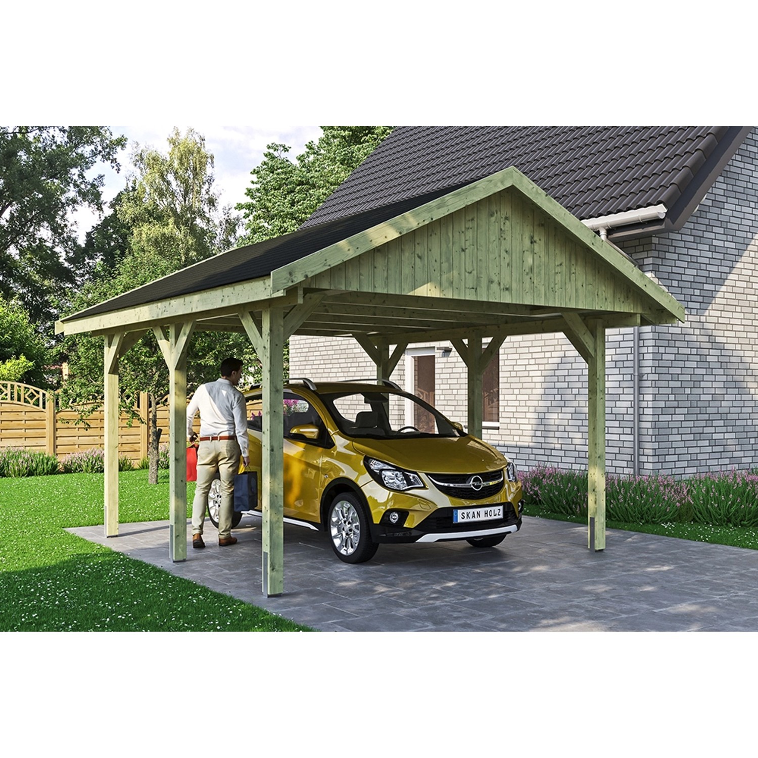 Satteldach-Carport Wallgau mit schwarzen Schindeln und gelbem Auto.