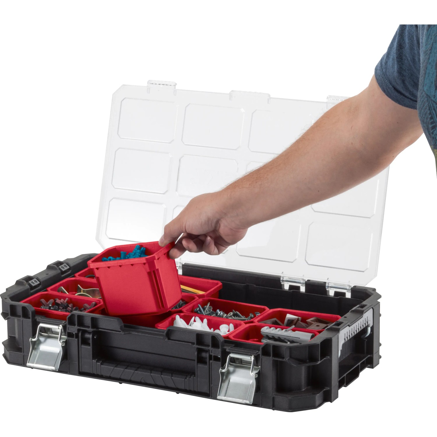 Keter Connect Cantilever Organizer: Werkzeugkoffer mit transparentem Deckel und roten Fächern.