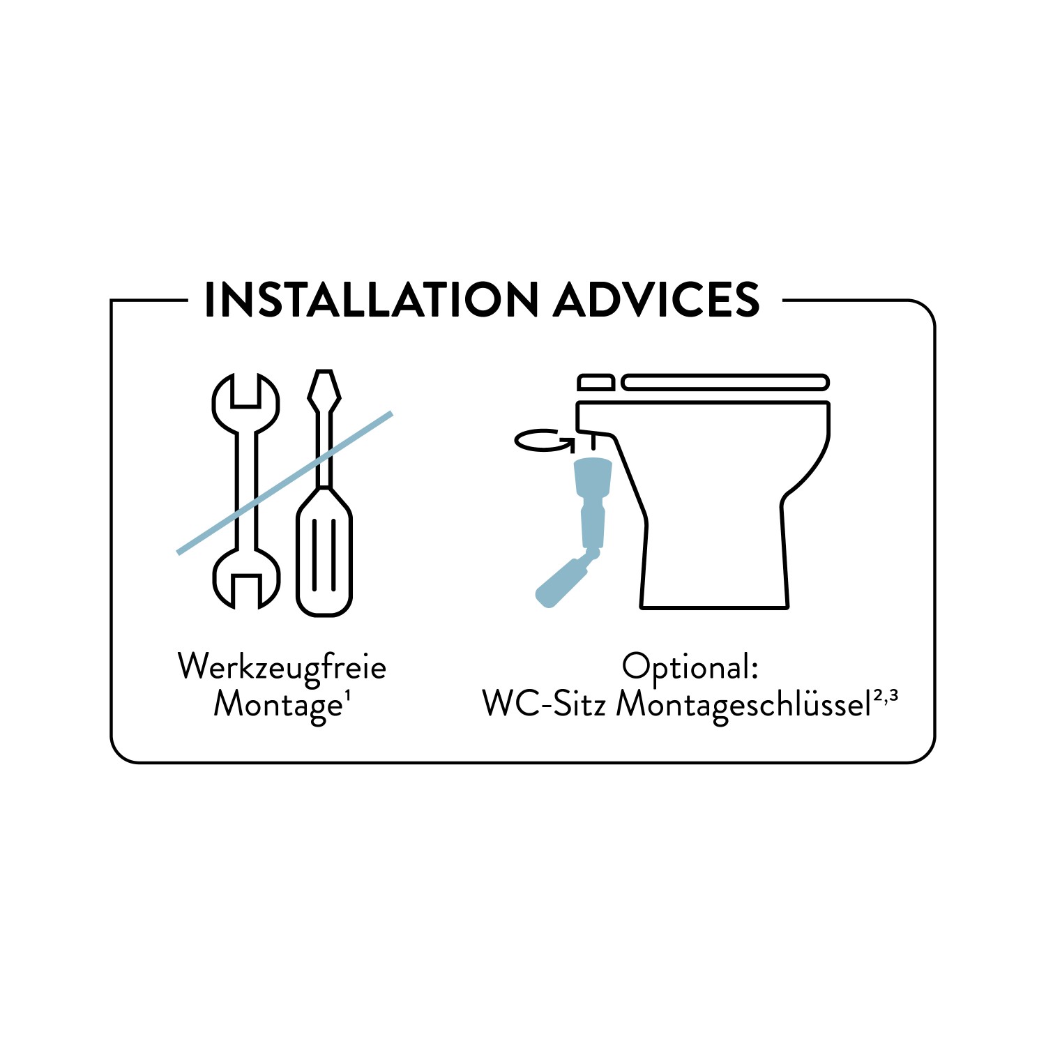 Montagehinweise für baliv WC-Sitz Laya: Werkzeugfreie Montage und optionaler WC-Sitz Montageschlüssel.