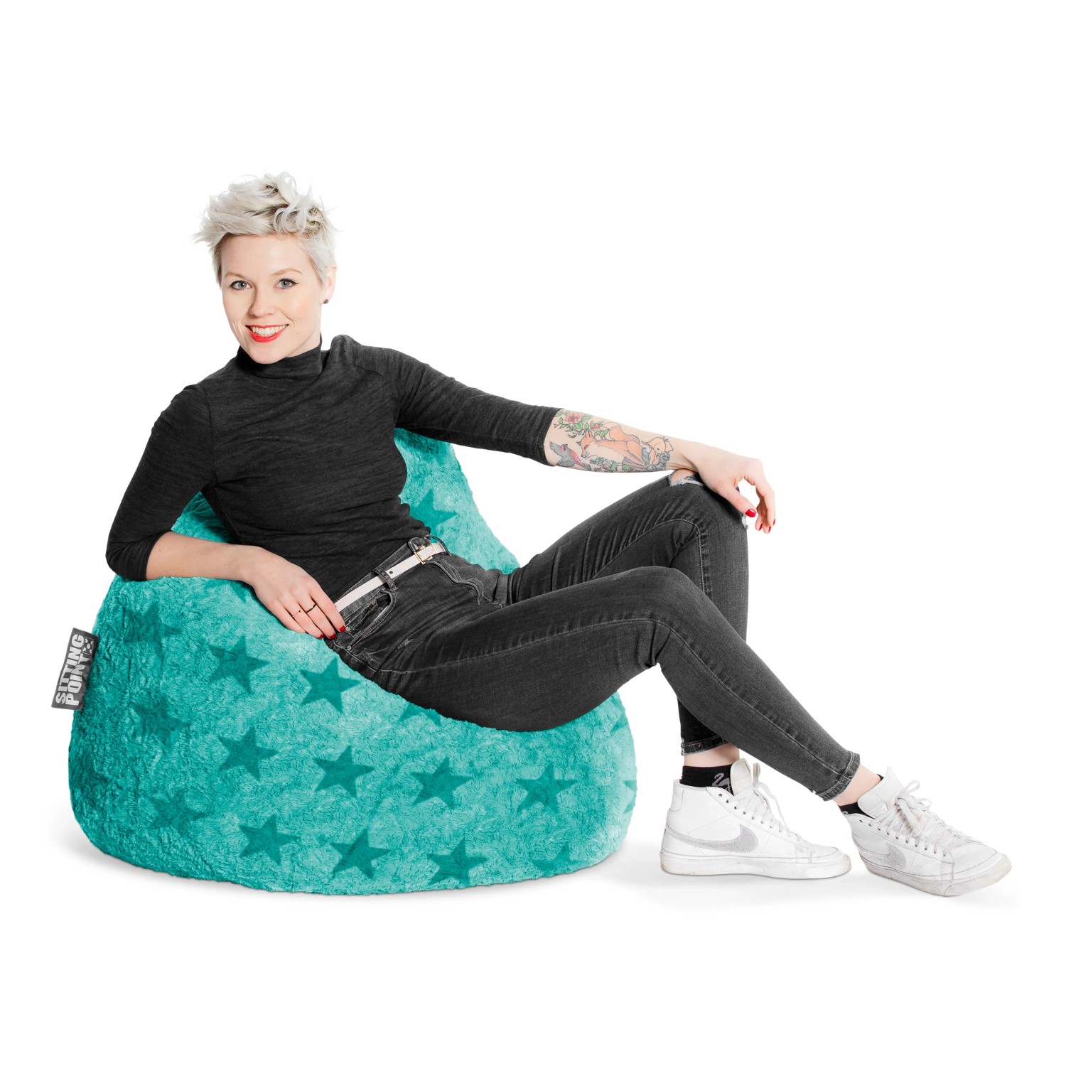 Türkisfarbener Sitzsack mit Sternenmuster, Modell Fluffy von Sitting Point, Füllmenge 220 Liter.