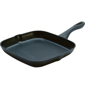 Kelomat Grillchef Pfanne, 28x28 cm, silberfarben, mit Grillrippen und hitzebeständigem Griff.