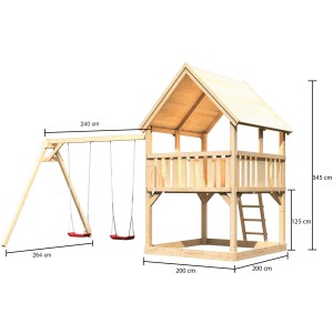Karibu Spielturm Luis mit Satteldach und Doppelschaukel aus Holz, mit Leiter und Sandkasten.