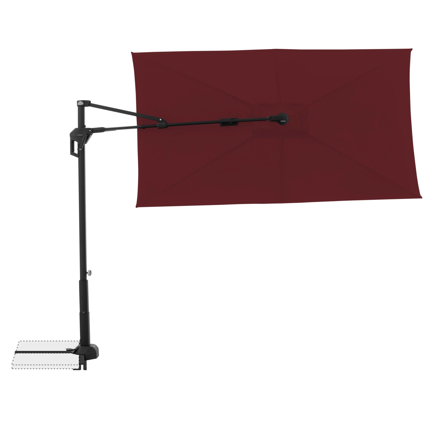 Rechteckiger, bordeauxroter Doppler Balkonschirm Active Green Edition, 240x135 cm, mit schwarzem Gestell.