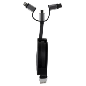 Schwarzes REV Ritter 3 in 1 USB Ladekabel (2m) mit Lightning, Micro-USB und USB-C Anschluss.