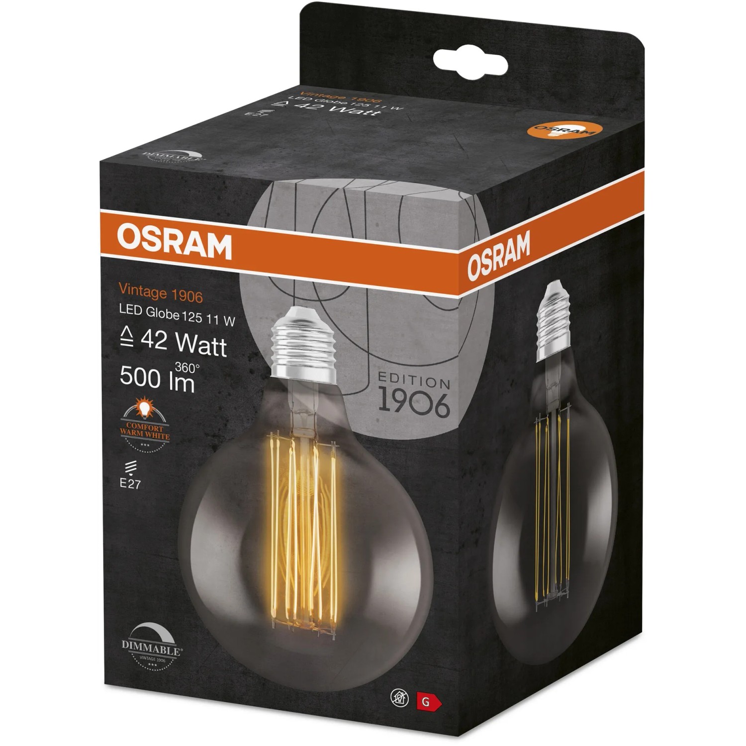 Osram LED-Leuchtmittel E27 Globe, 11W, dimmbar, in Produktverpackung.