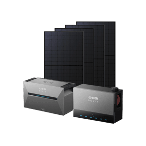 Anker Solix Solarbank mit Power Dock und 4 Solarpanels für Balkonkraftwerke.