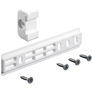 Hettich Schleppbeschlag Set für Kühlschrankumbauten, bestehend aus Führungsschiene, Mitnehmer und Schrauben.