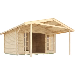 Weka Weekendhaus 137 A aus Holz mit Vordach und Doppeltür, Ansicht von vorn.