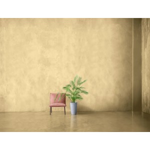 Raum mit Alpina Mineral Beton Sandstein Effektfarbe, Stuhl und Pflanze.