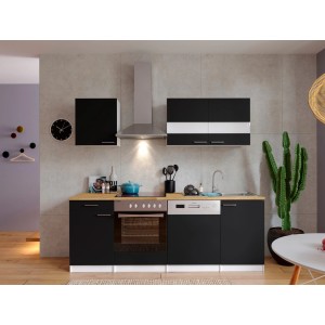 Respekta Küchenzeile KB220WSC, 220 cm, schwarz-weiß mit Holz-Arbeitsplatte und E-Geräten.