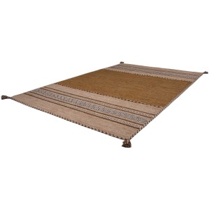 Brauner Teppich Morena, 200x290 cm, handgewebter Wollteppich mit Ethno-Muster und Fransen.