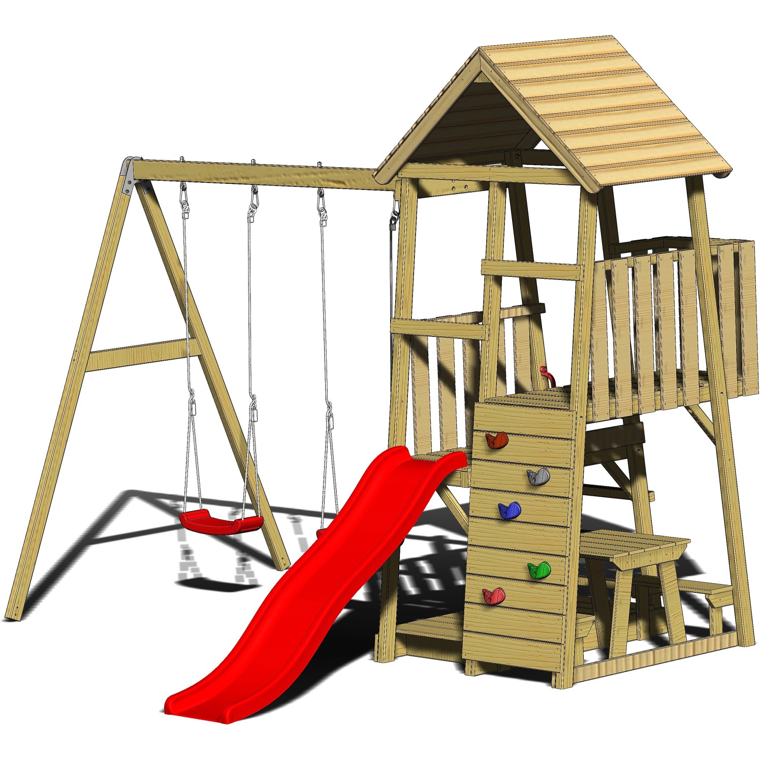 Wendi Toys Kinderspielturm Flamingo mit Rutsche, Schaukel und Kletterwand aus Holz.