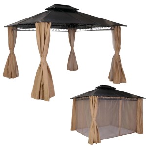 MCW Hardtop Pergola M81 in Creme, 3,6x3m, mit Dach, Seitenwand und Moskitonetz.