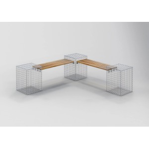 Gabiona 3-Gabionenbank aus Teakholz, Eckbank mit Steinkörben und Holzauflage.