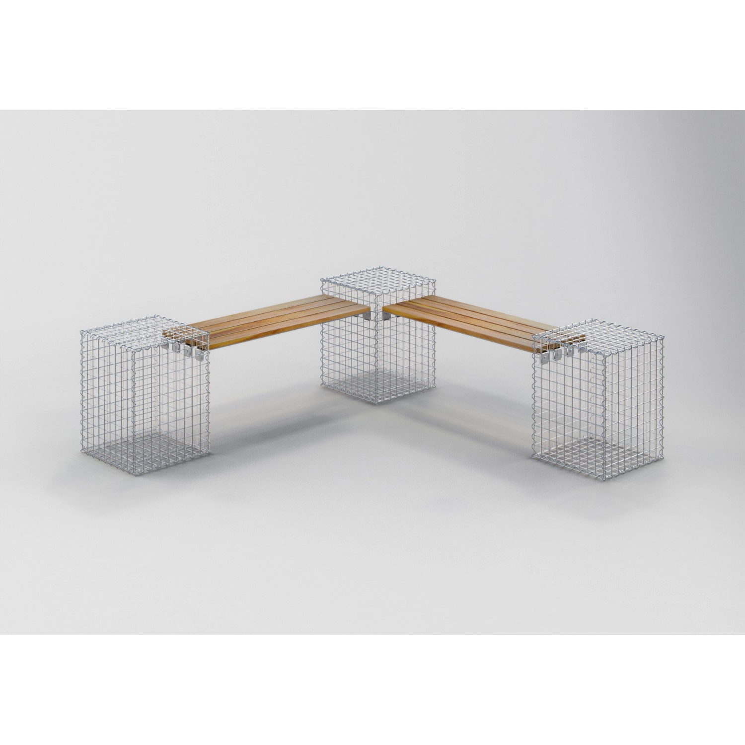 Gabiona 3-Gabionenbank aus Teakholz, Eckbank mit Steinkörben und Holzauflage.