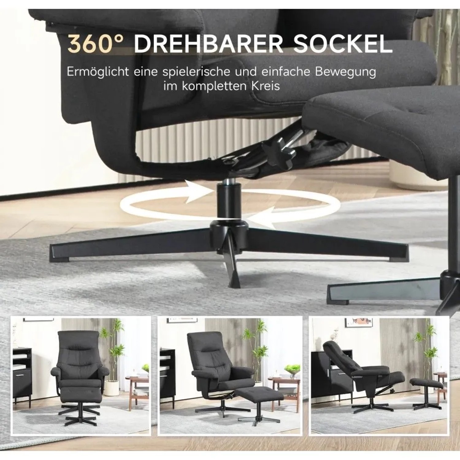 Schwarzer HOMCOM Relaxsessel mit Hocker. Detail des 360° drehbaren Sockels und verstellbare Liegepositionen des Loungesessels.